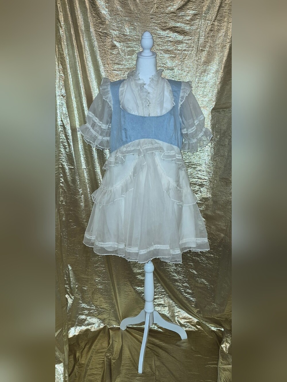 Pearl Embellished Organza Ruffled Mini Dress with Light Blue Denim Pinafore